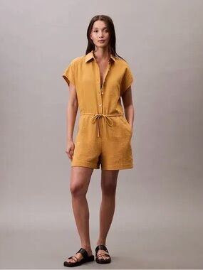 Textured Mustard Short Sleeve Romper